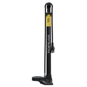 Schwarze Topeak JoeBlow Urban Ex Standpumpe mit gelbem Manometer und TwinHead für Fahrräder.