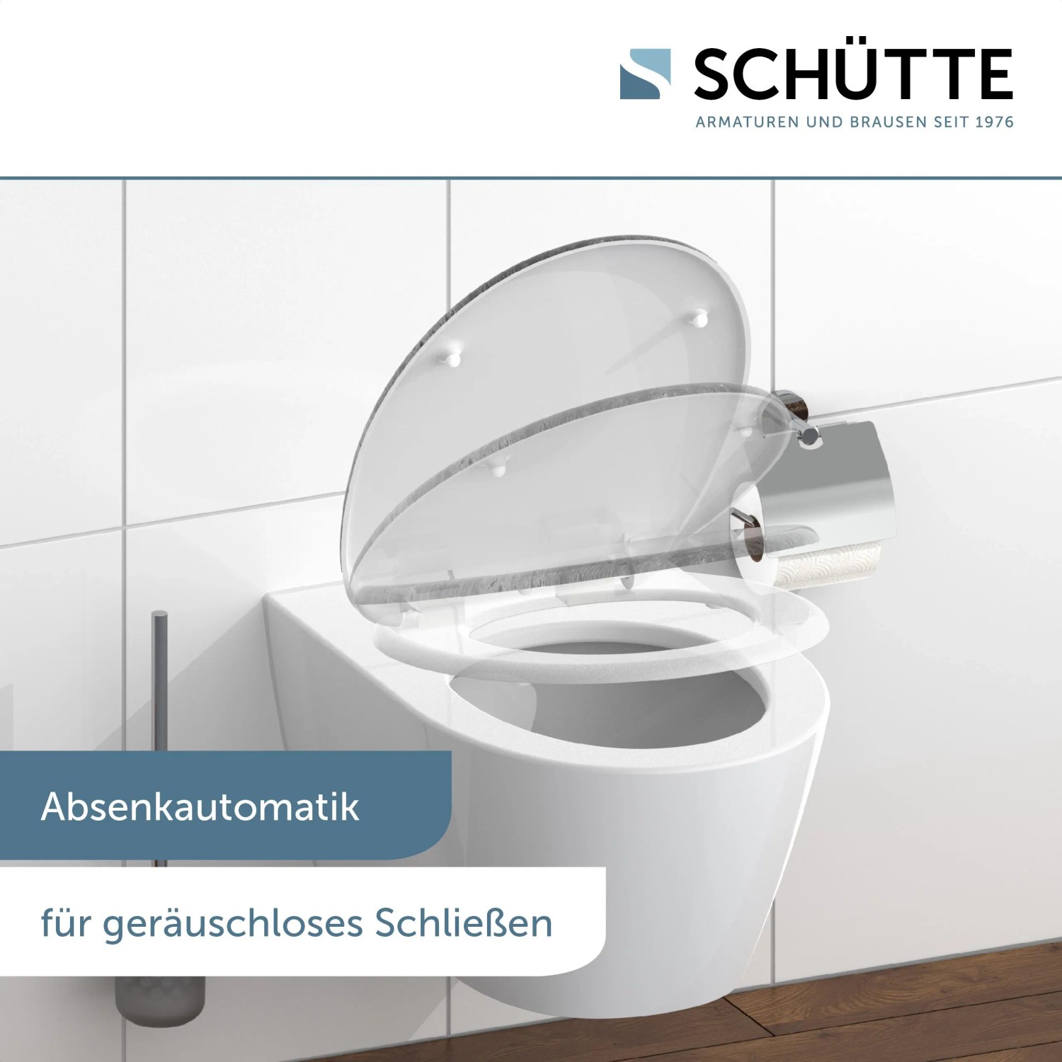 Schütte WC-Sitz Industrial Grey Duroplast mit Absenkautomatik auf Wand-WC.
