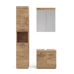 Vicco Badmöbel-Set Luna Eiche, 3-teilig: Hochschrank, Spiegelschrank, Waschbeckenunterschrank.