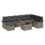 Graues 9-teiliges Garten-Sofa-Set aus Poly Rattan mit Kissen und Stauraum.