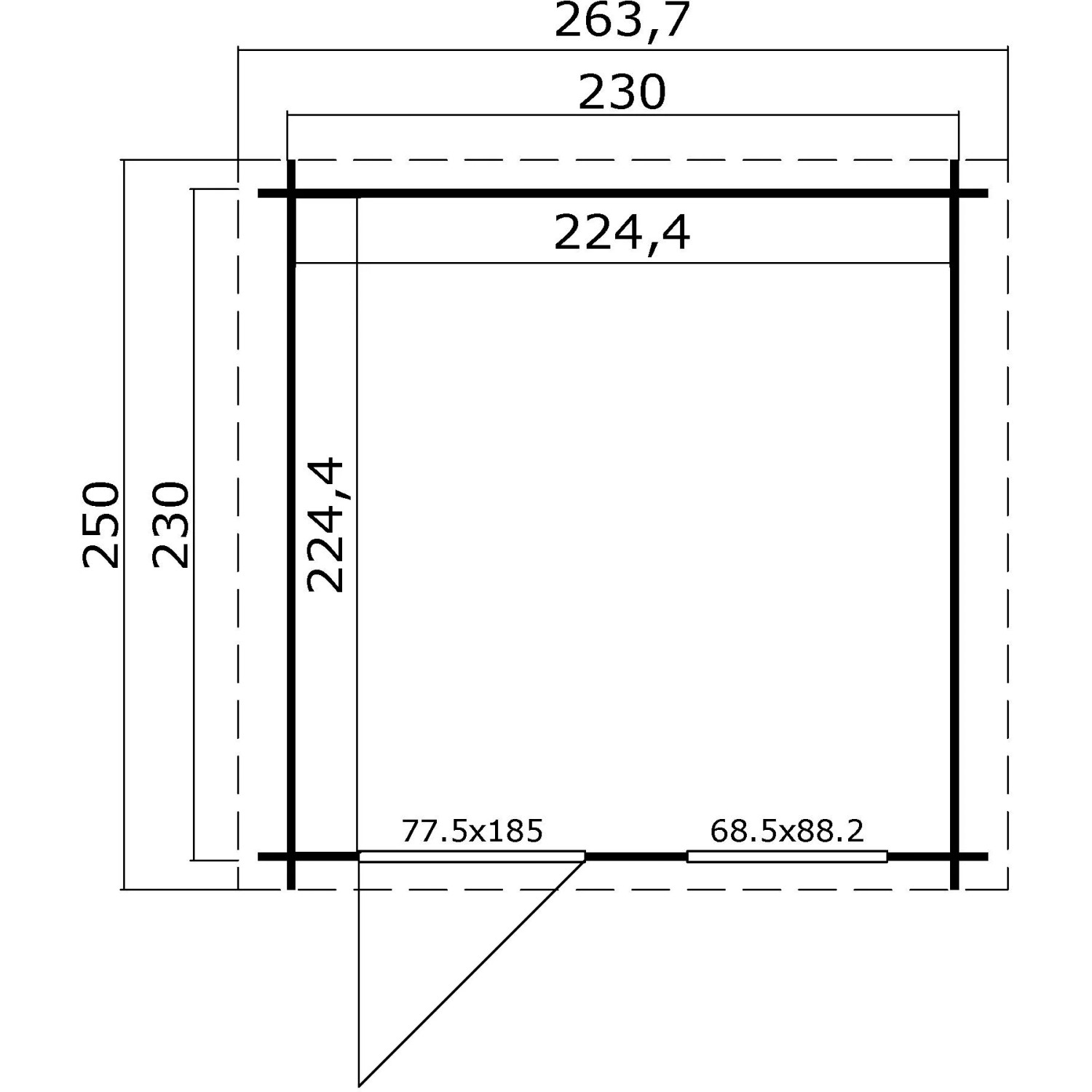 Grundriss Lasita Holz-Gartenhaus Wels 2 lichtgrau, 263,7x250cm, mit Maßangaben.