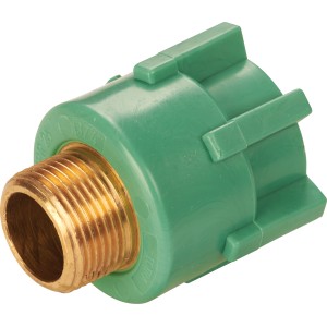 Grüner PPR-Übergangsnippel DN 20 x 21 mm (R 1/2) aus Kunststoff mit Messinggewinde.