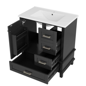 Schwarzer Badezimmerschrank mit Waschbecken, freistehend, mit Schubladen und Türregal.