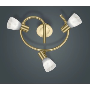 Messingfarbene Trio LED Deckenleuchte Levisto mit drei Spots und alabasterfarbenen Gläsern.