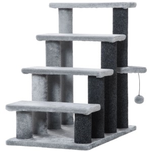Graue 4-stufige PawHut Haustiertreppe mit Kratzbaum und Spielball. Weiche, robuste Kletterhilfe für Katzen.