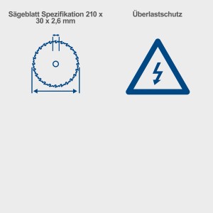 Skizze: Scheppach HS210 Tischkreissäge Sägeblatt Spezifikation und Überlastschutz.