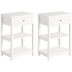 Zwei weiße Nachttische mit je einer Schublade und zwei offenen Ablagen. Modernes 2er Set für Schlafzimmer oder Wohnzimmer.