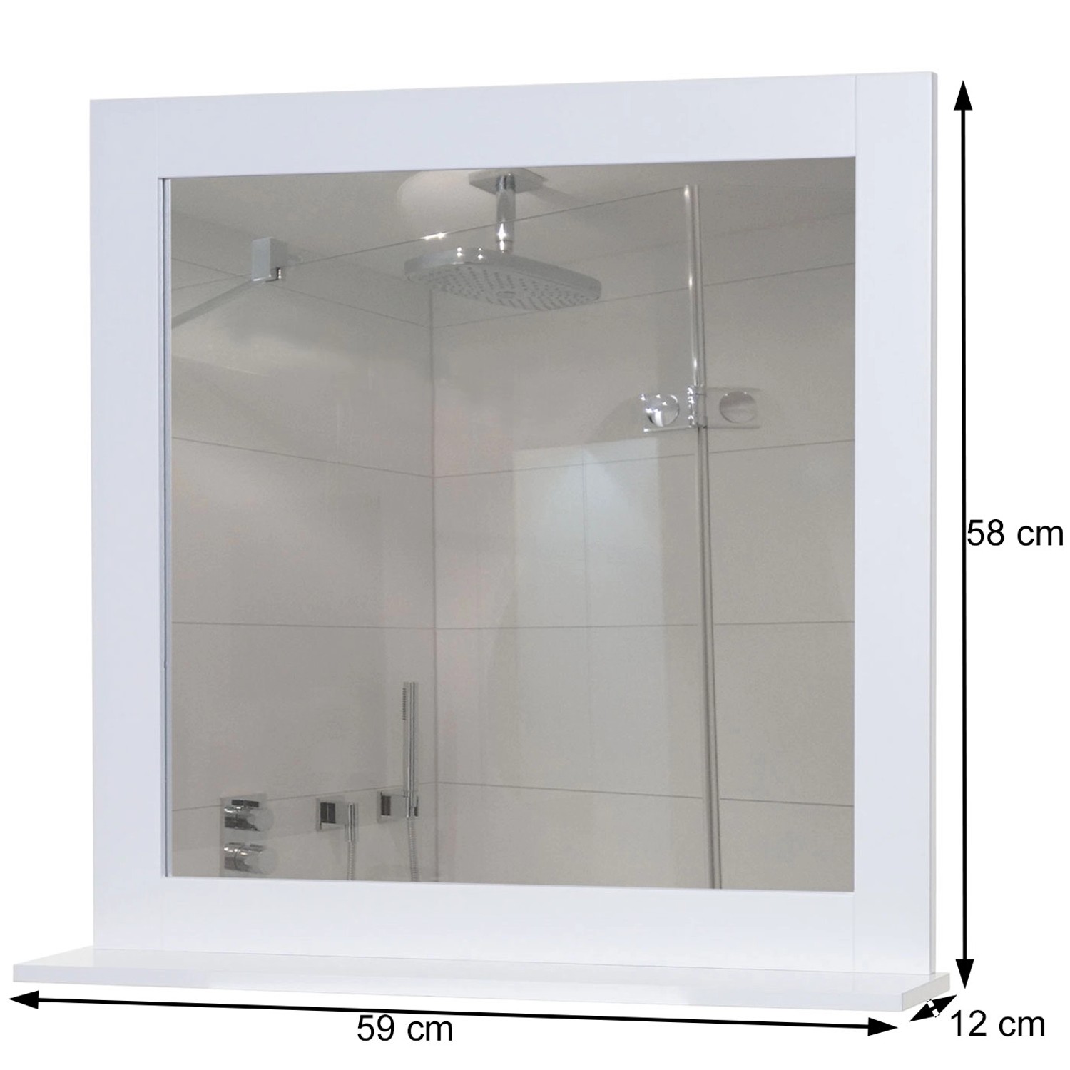 Weißer MCW Wandspiegel F75 mit Ablage für Badutensilien. Zeitloses Design.
