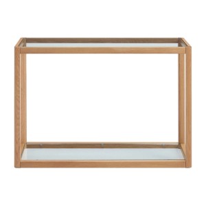Moderner Konsolentisch Zunaril aus hellem Eichenholz mit transparenten Glasablagen. 110 cm breit.