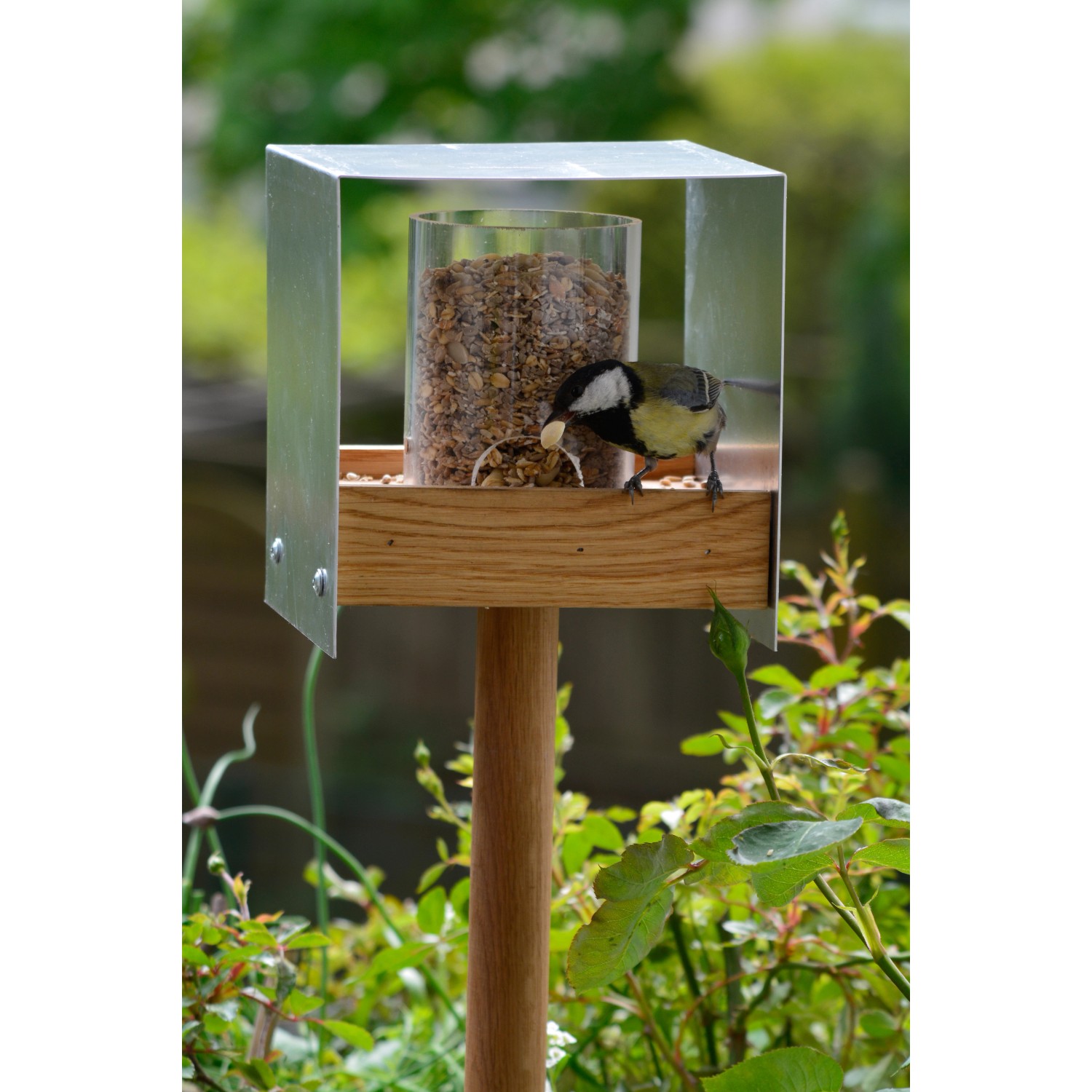 Dobar Design Vogelhaus im Bauhausstil mit Ständer und Meise beim Fressen.