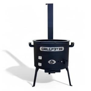 Schwarzer Grillpeter Utschak Asamat Feuerofen mit Abzugsrohr für Kazan Kochtopf.