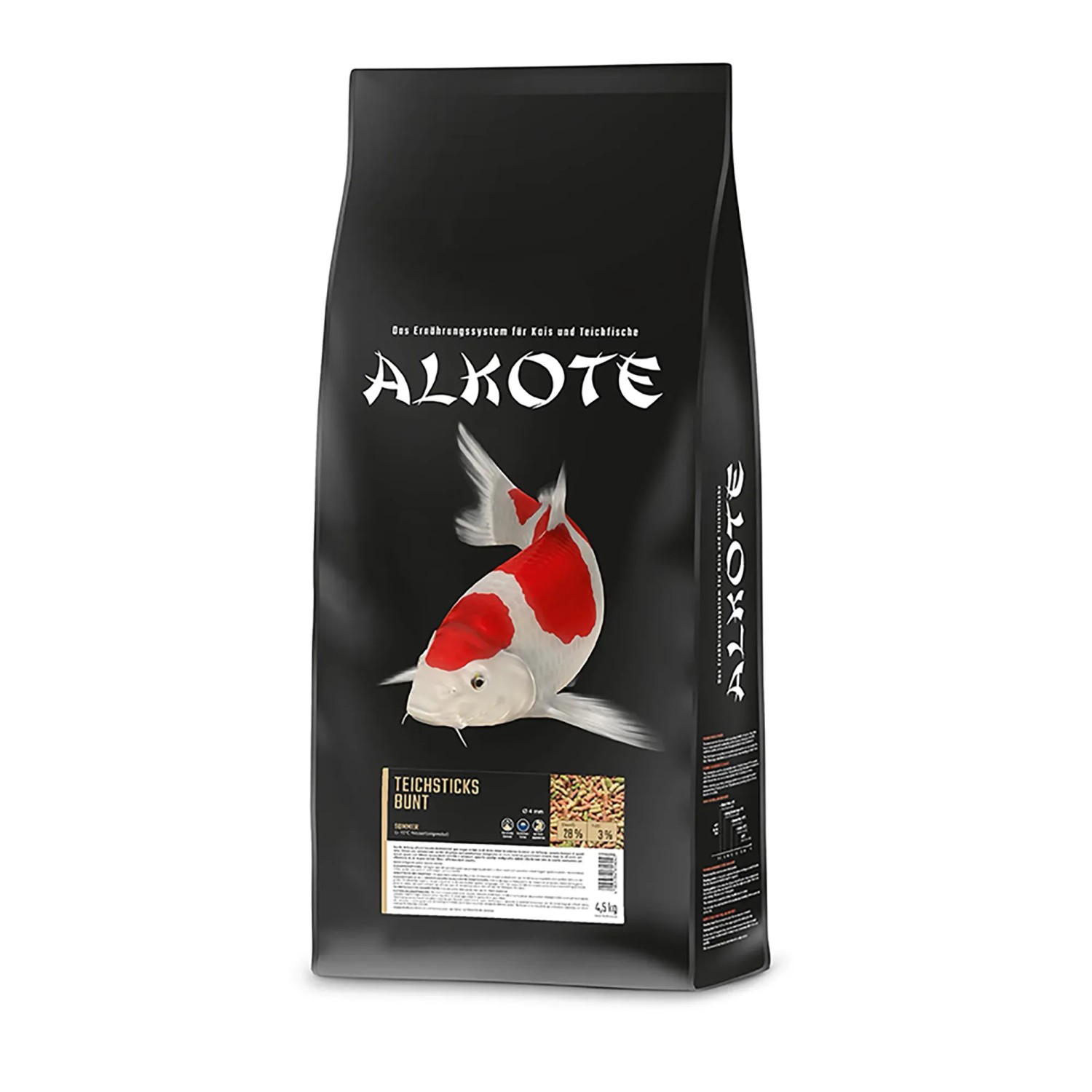 Alkote Fischfutter Teichsticks bunt, 4,5kg Sack mit Koi-Karpfen Abbildung.