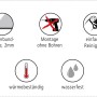 Symbole der Eigenschaften der Myspotti Spritzschutzplatte: Material, Montage, Reinigung, Temperaturbeständigkeit, Wasserfestigkeit.