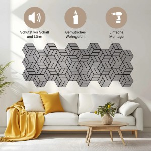 Graue Homestyle4u Akustikpaneele in Hexagon-Form an der Wand über einem Sofa.