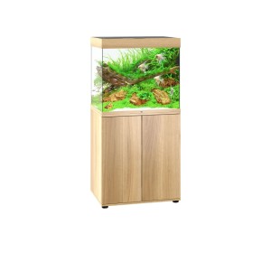 Juwel Lido 200 Aquarium-Kombination in hellem Holz, 200 Liter, bepflanzt und mit Fischen.