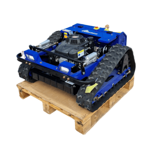 Blauer FRASCIO Raupenrasenmäher mit Fernbedienung auf Palette. Benzin-Rasenmäher.