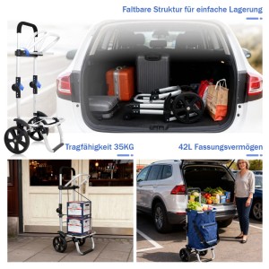 Sekey 3-in-1 Einkaufstrolley blau: Faltbarer Trolley mit Kühlfach und Spanngurt für Einkäufe.