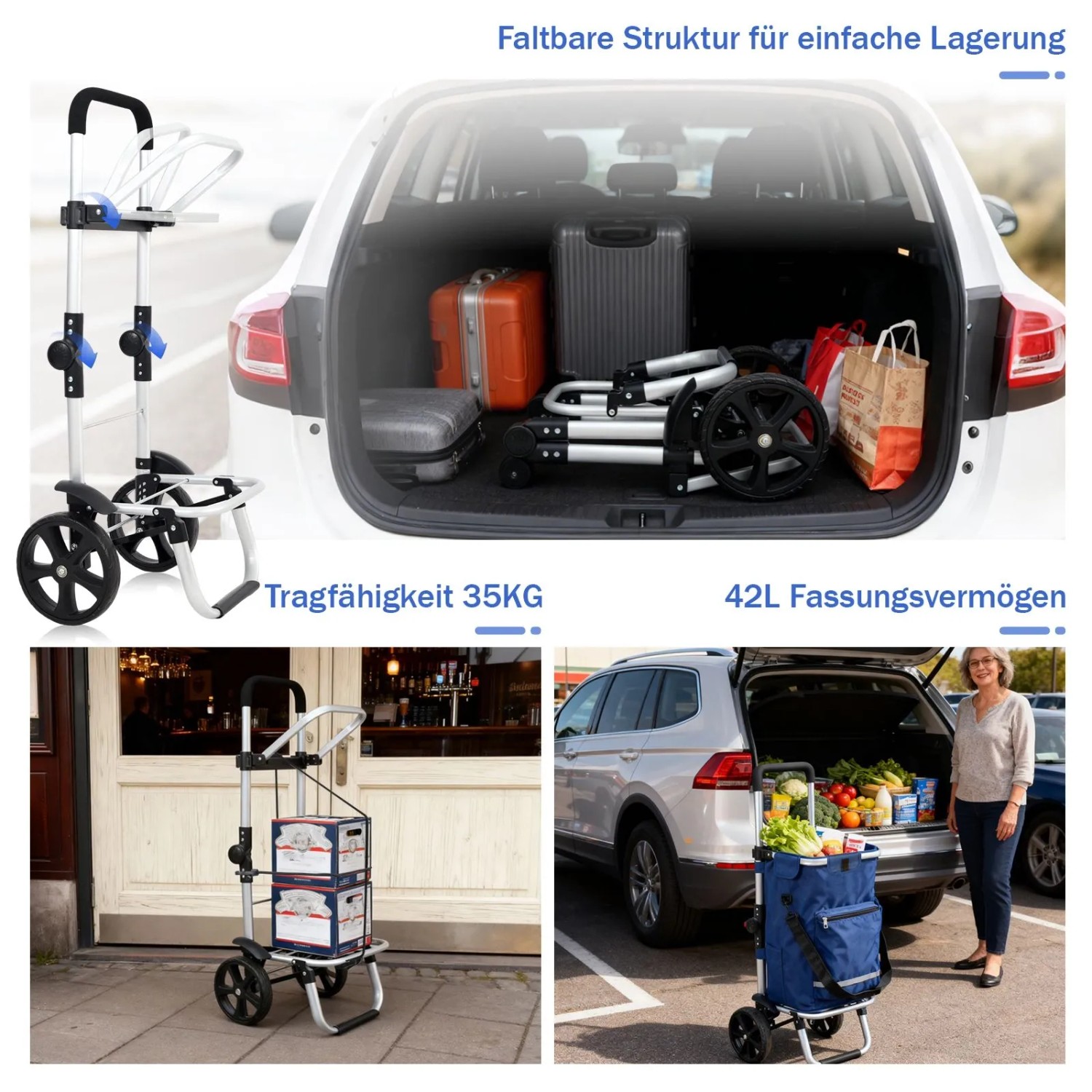 Sekey 3-in-1 Einkaufstrolley blau: Faltbarer Trolley mit Kühlfach und Spanngurt für Einkäufe.