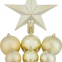 Goldenes Kunststoff-Weihnachtskugel-Set mit Sternspitze. Verschiedene Größen und Oberflächen für Christbaumschmuck.