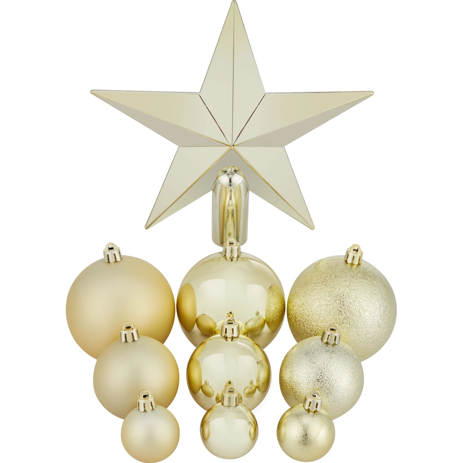 Goldenes Kunststoff-Weihnachtskugel-Set mit Sternspitze. Verschiedene Größen und Oberflächen für Christbaumschmuck.