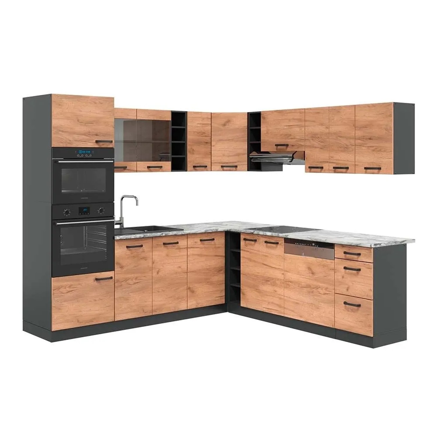 Vicco Eckküche R-Line Anthrazit/Goldkraft Eiche 247 x 82, AP Marmor