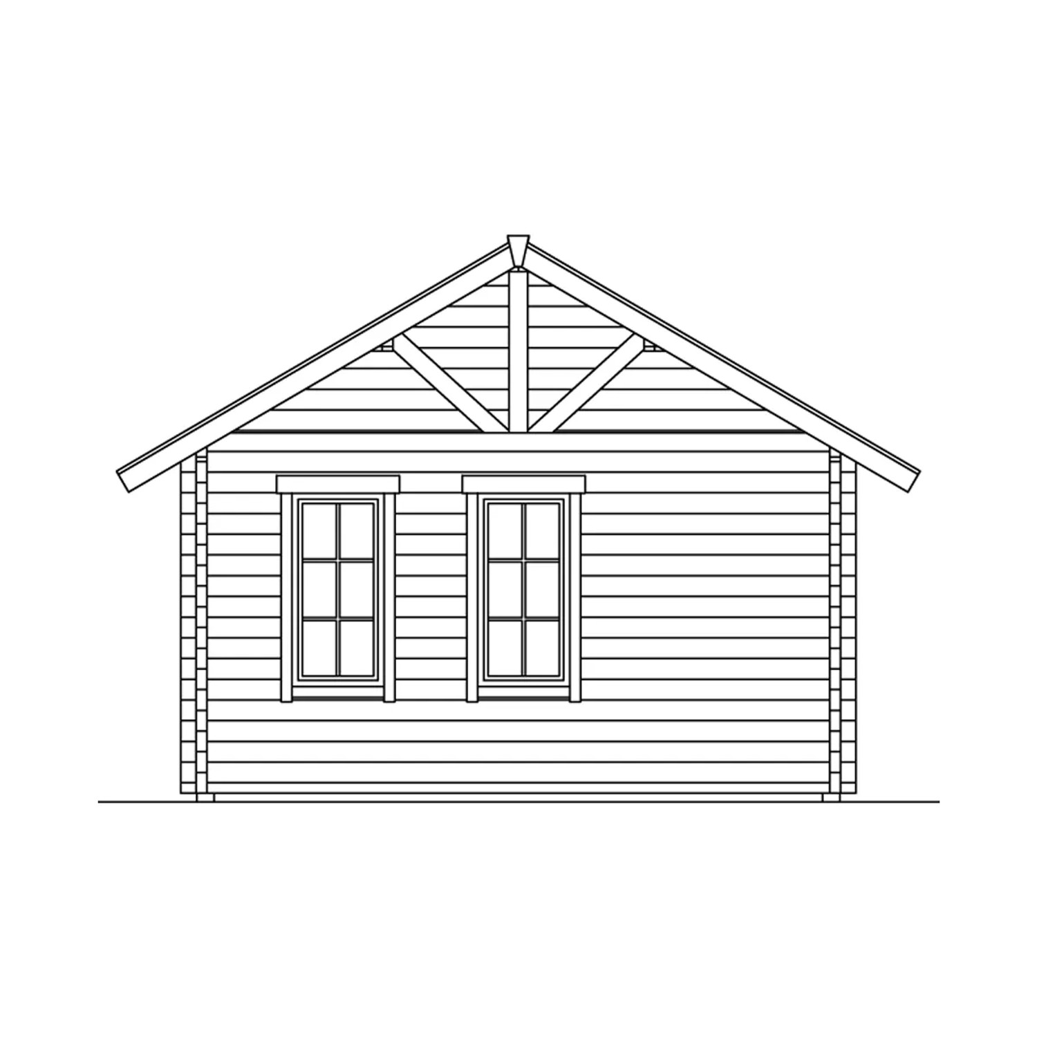 Skizze Skan Holz Gartenhaus Toronto 1, 420x420 cm, mit zwei Fenstern und Dachlattung.