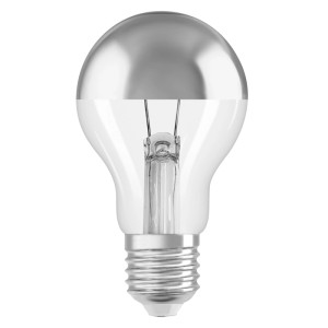 Osram E27 LED-Leuchtmittel in Glühlampenform mit silberner Spiegelkuppe, dimmbar, warmweißes Licht.
