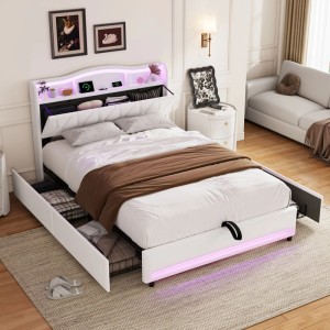 PXloue Polsterbett  140x200 Stauraumbett mit LED‑Beleuchtung USB und Stauraum