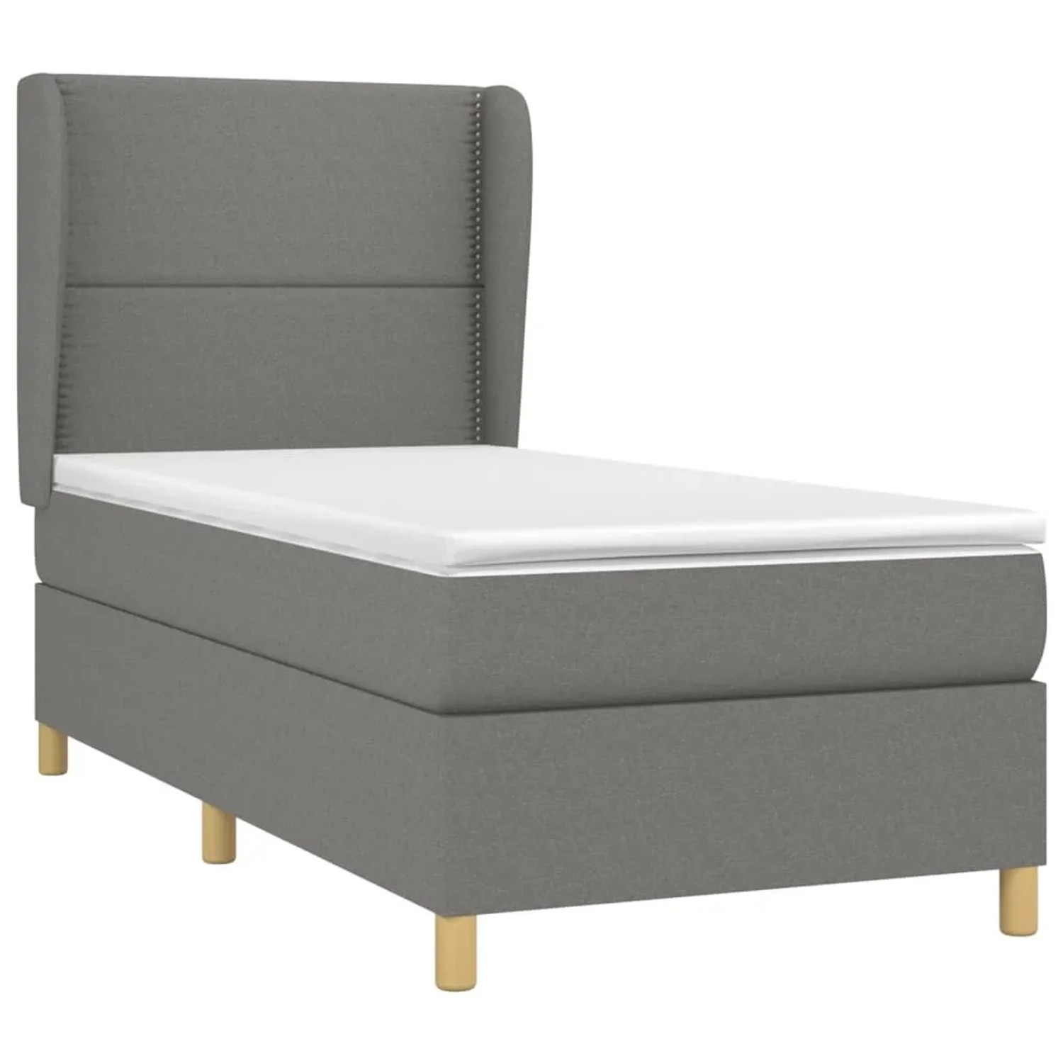 Dunkelgraues Boxspringbett 90x190 cm mit Matratze und Stoffbezug.