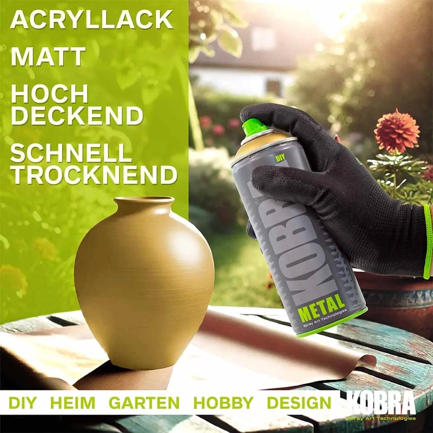 Kobra DIY Metallic Spray Gold beim Lackieren einer Vase. Buntlack-Spray für Heim und Garten.