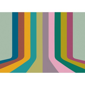 Bunte Komar Vliestapete Modern (350x250cm) mit vertikalen Streifen in verschiedenen Farben.