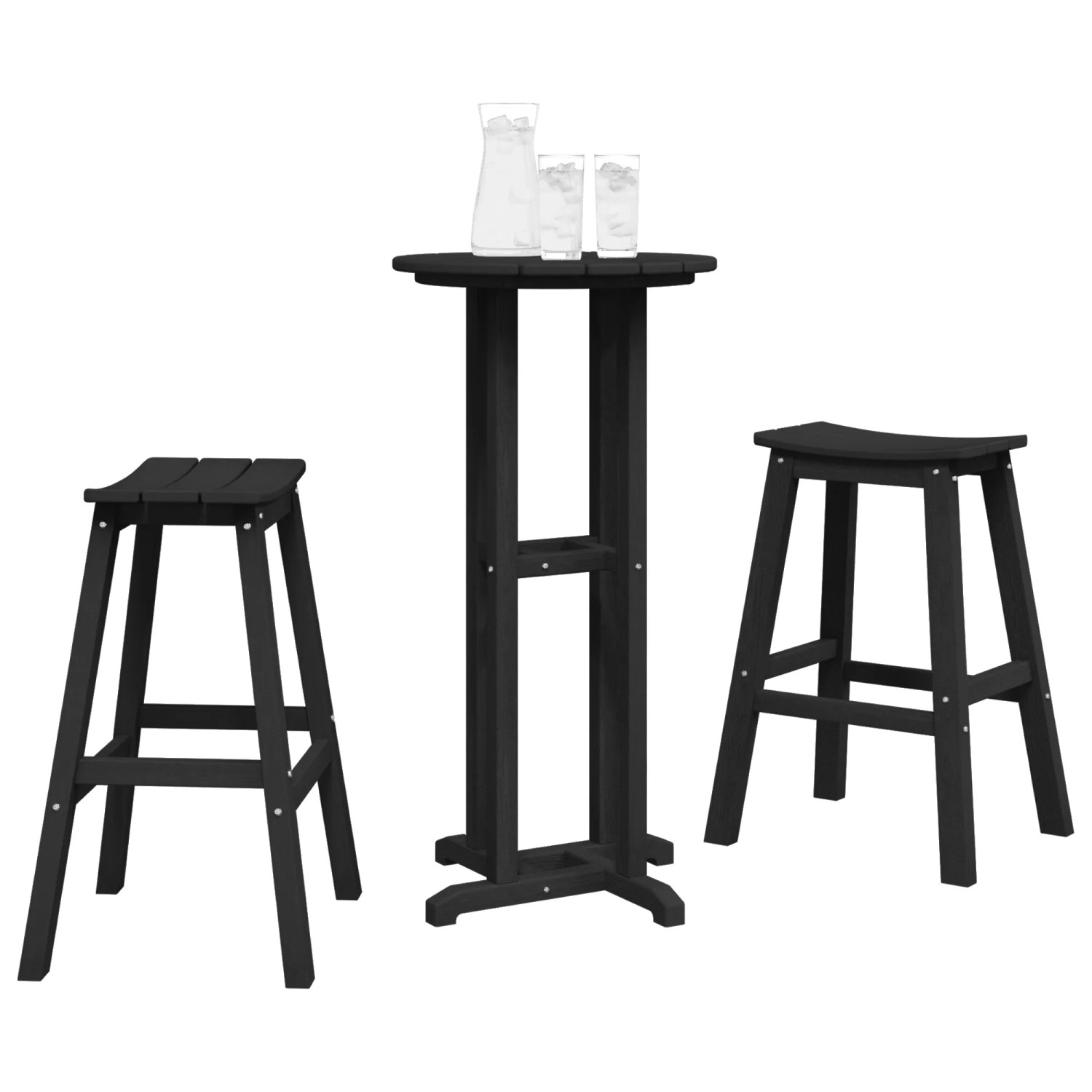 vidaXL 3-teiliges Gartenbar Set Schwarz, bestehend aus Tisch und zwei Barhockern aus HDPE.