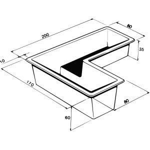 Skizze Ubbink GFK-Fertigteich Venus LT0, 650 l, Eckteich mit Maßen 60 x 170/200 x 80 cm.