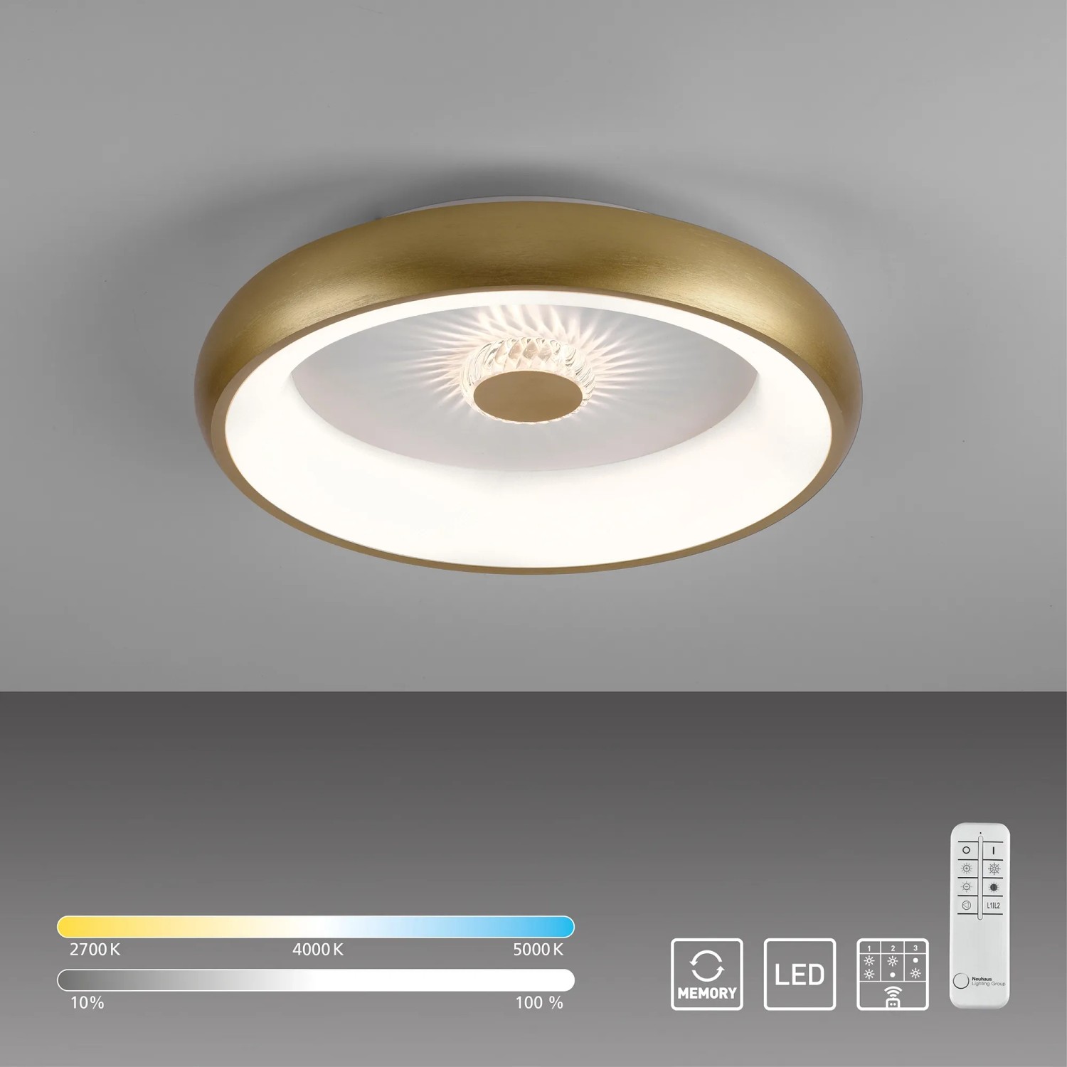 LED-Deckenleuchte Vertigo in Messing-Optik, Ø 46,5 cm, mit Kristall-Effekt für stimmungsvolle Beleuchtung.