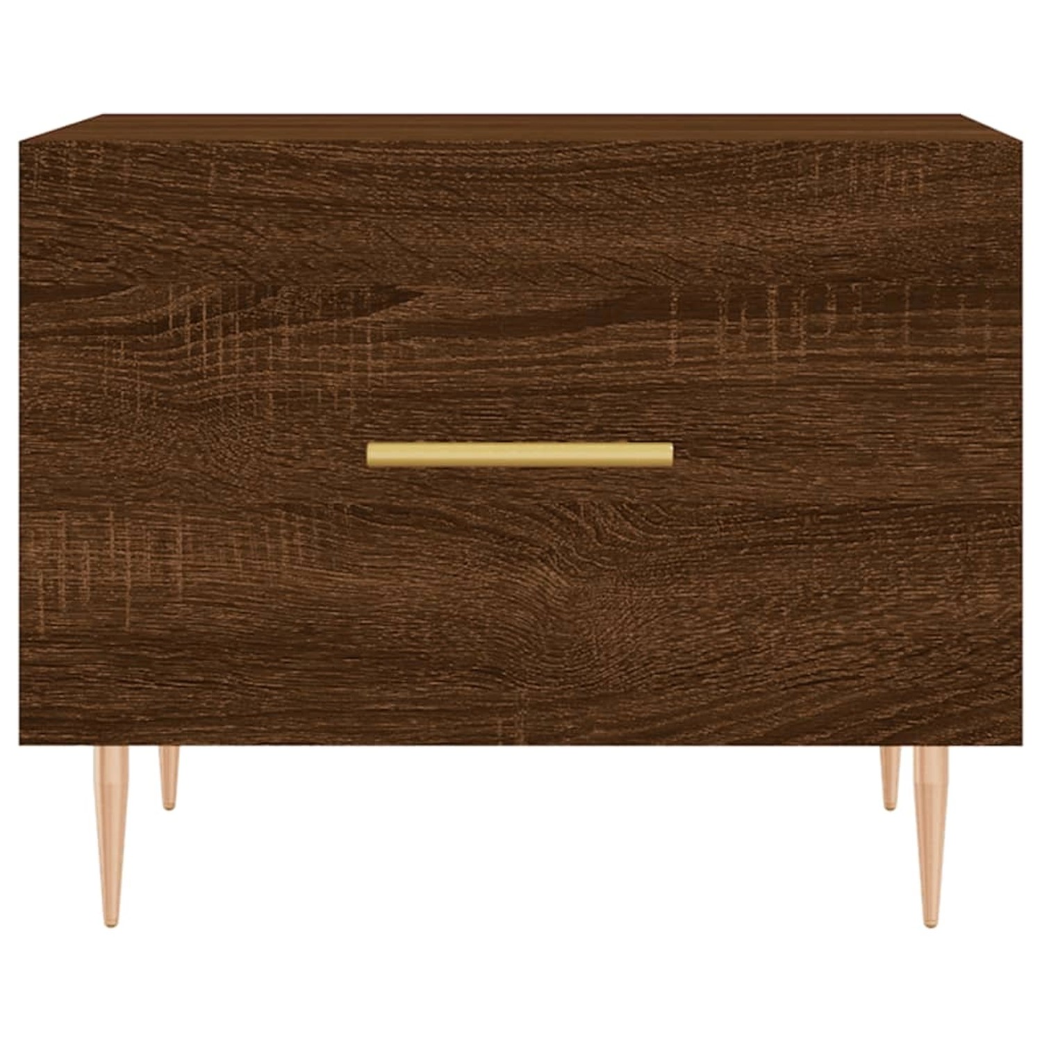 Couchtisch in Braun Eichen-Optik mit Schublade und goldenem Griff.
