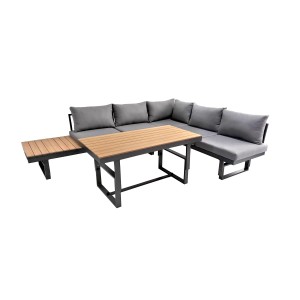 Green Spirit Ecklounge Piazza mit höhenverstellbarem Tisch und grauen Kissen.