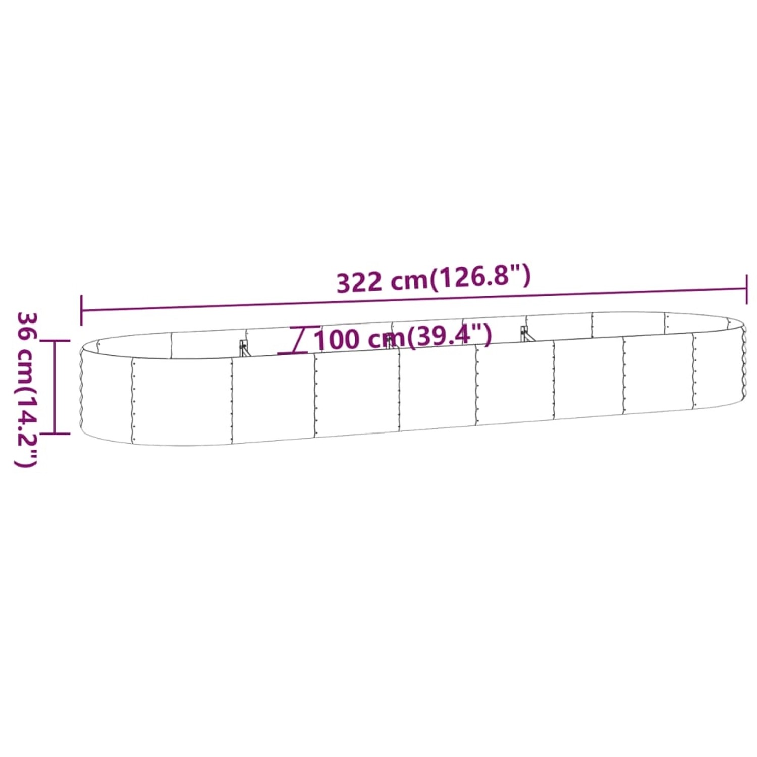 furnicato Hochbeet aus Stahl, anthrazit, 322x100x36 cm, mit Maßangaben.