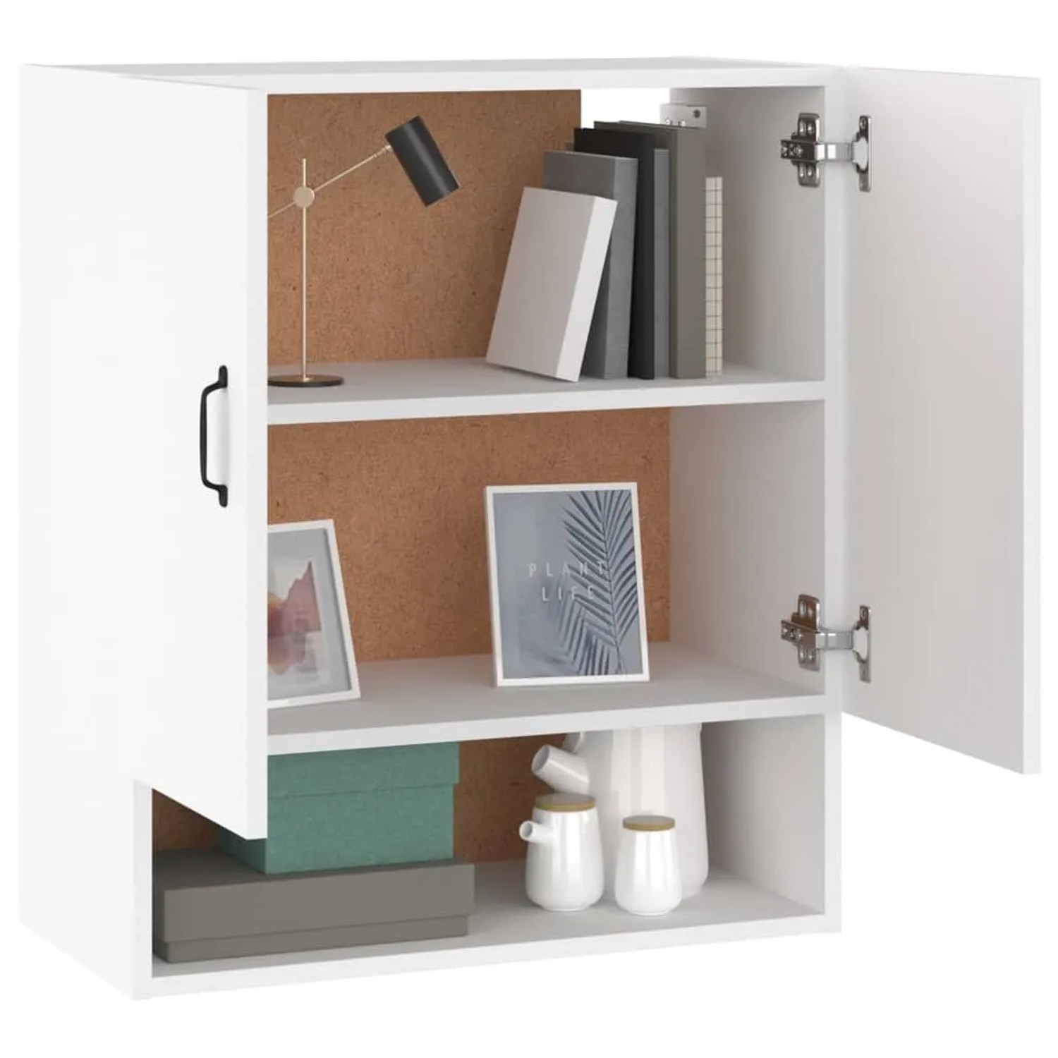 Weißer Wandschrank (60x31x70 cm) mit zwei Türen und offenem Fach, geeignet als Büroschrank.