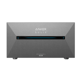 Anker SOLIX Solarbank 2 AC, grauer 1600Wh Energiespeicher mit blauer Anzeige für Balkonkraftwerke.