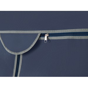 Detailaufnahme: Blauer Kleiderschrank mit Reißverschluss und Kleiderstange.