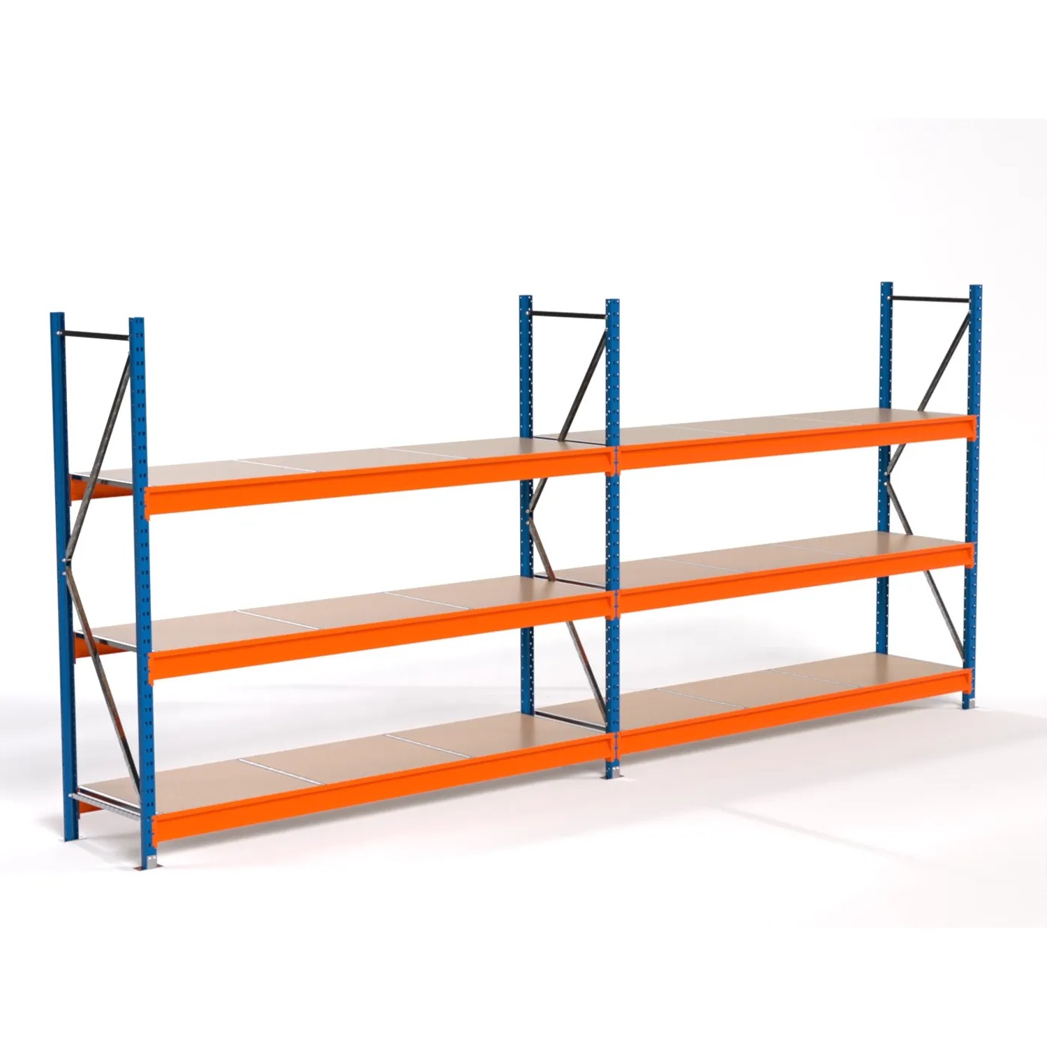 PROREGAL Industrie Weitspannregal Lagerregal MAXIMUS PRO Komplettregal 2 Felder HxBxT 200x450x60cm 3 Spanplatten-Fachboden Fachlast 610kg Blau/Orange
