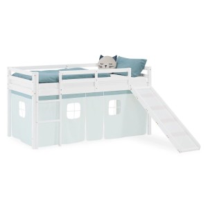Homestyle4u Kinder Hochbett 90x200 weiß, Kiefernholz, mit Rutsche, Leiter und mintgrünem Vorhang.