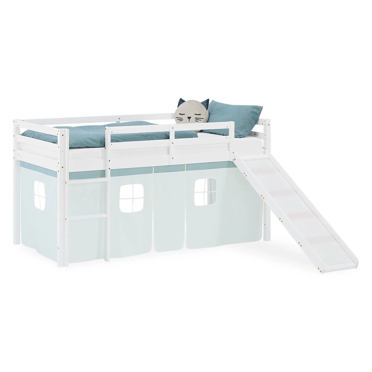 Homestyle4u Kinder Hochbett 90x200 Rutsche Vorhang Grün Kinderbett Weiß 2932