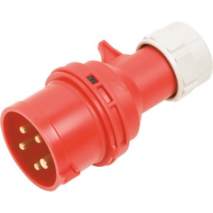 Roter 5-poliger CEE Stecker, 16A, IP44 spritzwassergeschützt für Elektroverbindungen.