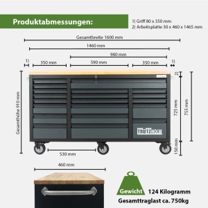 Abmessungen: TRUTZHOLM Werkstattwagen Deluxe XXL, 160x91 cm, 20 Schubladen, anthrazit.