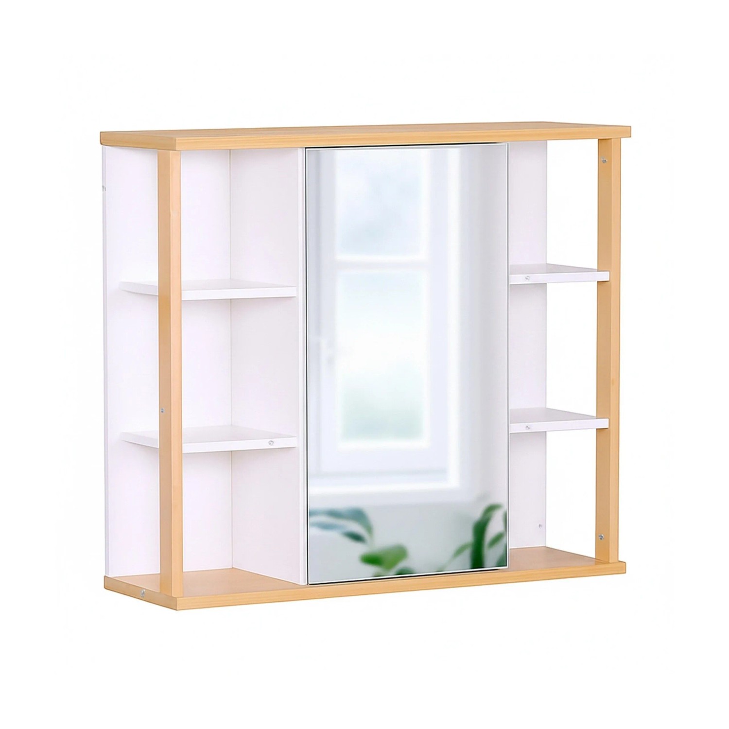 Relaxdays Spiegelschrank Bambus Weiß Natur Wandmontage 64 cm x 62 cm x 21 cm