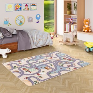 Beiger Kinder Straßenteppich (80x160cm) Snapstyle im Kinderzimmer.