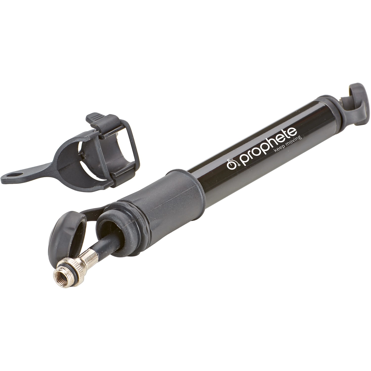 Prophete Mini-Luftpumpe für Fahrradreifen, mit Halterung und Schlauchfach.