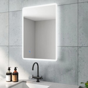 Aquabatos Badspiegel 70x50 cm mit LED-Beleuchtung, Kaltweiß, Dimmfunktion und Touch-Schalter.