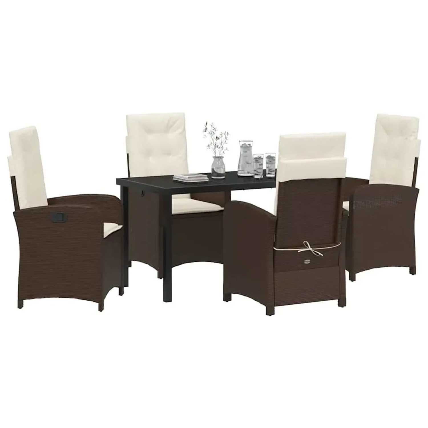 Braune 5-tlg. Garten Essgruppe aus Poly Rattan mit Tisch und Stühlen.